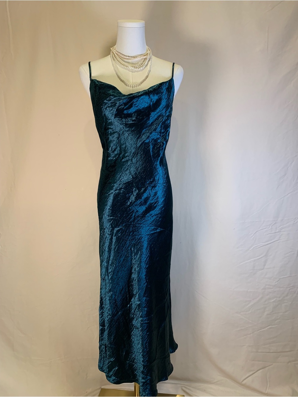 RESA River Slip Dress Teal Metallic Crushed Satin Small